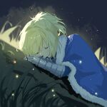 1girl absurdres artoria_pendragon_(fate) blonde_hair blue_cape blurry blurry_border cape closed_eyes closed_mouth etoile_(emiya33878499) fate_(series) fur-trimmed_cape fur_trim gauntlets hair_intakes highres leaning light_blush light_particles night on_ground outdoors saber_(fate) short_hair sleeping solo upper_body 