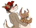 anthro beard blush brown_body brown_fur brown_hair canid canine canis carrying_another carrying_partner clothing cropped deer duo eyewear facial_hair fur glasses hair half-closed_eyes hat headgear headwear leo_(nardodraws) looking_back male male/male mammal moose nardodraws narrowed_eyes nervous_smile new_world_deer nude_male piggyback rodney_(nardodraws) signature simple_background smile tongue tongue_out wolf