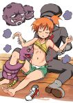  1boy 1girl black_pants black_shirt boots closed_eyes ekans gloves green_shorts grey_footwear grey_gloves imminent_rape long_sleeves misty_(pokemon) navel open_clothes open_mouth open_shorts orange_hair panties pants pokemon pokemon_(creature) shirt shoe_soles shoes shorts shougakusei simple_background sleeveless sleeveless_shirt sneakers soles stomach suspenders team_rocket_grunt toes underwear weezing white_background white_panties wooden_floor yellow_shirt 