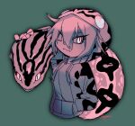  1girl bad_id bad_twitter_id closed_mouth creature_and_personification cropped_torso fangs hair_between_eyes hand_in_pocket hood hood_up hooded_jacket inactive_account jacket jmeysan kemono_friends long_sleeves looking_at_viewer okinawa_habu_(kemono_friends) short_hair slit_pupils smile snake snake_hood snake_print solo twitter_username upper_body 