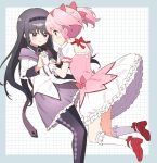  2girls akemi_homura black_hair blush bobujirou crying dress eye_contact floating frilled_dress frills full_body highres holding_hands interlocked_fingers kaname_madoka long_hair looking_at_another magical_girl mahou_shoujo_madoka_magica mary_janes multiple_girls pantyhose pink_hair purple_eyes shoes smile twintails yuri 