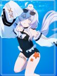  bare_legs bare_shoulders black_choker black_one-piece_swimsuit bow choker detached_sleeves eyewear_on_head frilled_choker frills grey_eyes grey_hair hair_between_eyes highres leg_tattoo long_hair mu_2_ka_4_1 no.21:_xxi_(solar_frost)_(punishing:_gray_raven) no.21_(punishing:_gray_raven) one-piece_swimsuit pentagram_tattoo punishing:_gray_raven sidelocks sleeves_past_fingers sleeves_past_wrists starfish sunglasses swimsuit tattoo twintails very_long_hair white_bow white_sleeves 