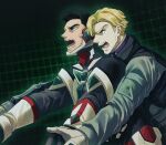  2boys ao_isami black_hair blonde_hair bodysuit combined_attack couple facial_hair from_side highres itsuki_caw lewis_smith looking_ahead male_focus multiple_boys profile serious shouting sideburns_stubble stubble thick_eyebrows upper_body yaoi yuuki_bakuhatsu_bang_bravern 