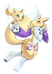  absurdres black_sclera colored_sclera commentary_request digimon digimon_(creature) evolutionary_line fox furry highres looking_at_another pokomon_(digimon) renamon shingetsu_(doru0222) simple_background white_background yellow_fur yellow_tail 