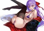  1girl ass bare_shoulders bb_(fate) bikini black_cape black_choker black_thighhighs breasts cape choker closed_mouth collarbone fate/extra fate/extra_ccc fate/grand_order fate_(series) hair_flowing_over hair_ribbon highres large_breasts long_hair looking_at_viewer no_shoes purple_bikini purple_eyes purple_hair red_ribbon ribbon simple_background smile solo suujiniku swimsuit thighhighs thighs tongue tongue_out white_background 