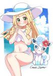  1girl alolan_vulpix blonde_hair blush braid closed_mouth cloud commentary_request day eyelashes flower green_eyes hands_up hat highres interlocked_fingers lillie_(pokemon) long_hair lop_shauntal2 navel outdoors pokemon pokemon_(anime) pokemon_(creature) pokemon_sm_(anime) sky smile summer sun_hat swimsuit thighs twin_braids white_hat 