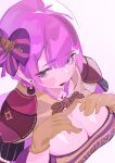  1girl bernadetta_von_varley blush breasts brown_gloves cleavage commentary fire_emblem fire_emblem:_three_houses gbbgb321 gloves hands_on_own_chest highres large_breasts looking_at_viewer open_mouth purple_eyes purple_hair short_hair solo symbol-only_commentary upper_body 