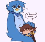 anthro avian beak biped bird blue_body blue_feathers blush bottomwear brown_hair chest_tuft clothed clothing clover_(undertale_yellow) clownboo_art covered_breasts digital_media_(artwork) duo english_text eyes_closed feathered_wings feathers female hair hug human looking_at_viewer love male mammal martlet_(undertale_yellow) neck_tuft scarf simple_background smile standing text topwear tuft undertale_(series) undertale_yellow winged_arms wings yellow_beak