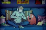  1boy 1other axonomi can chainsaw_man chips_(food) copyright_name copyright_request denji_(chainsaw_man) drink_can food grey_hoodie headphones_over_headwear highres holding_leg hood hoodie indian_style on_bed playing_games pochita_(chainsaw_man) popcorn poster_(object) sitting small_sweatdrop 
