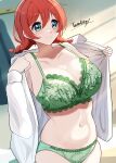  1girl absurdres aqua_eyes artist_name bra braid breasts brown_hair cleavage commentary_request emma_verde green_bra green_panties highres indoors lace-trimmed_bra lace-trimmed_panties lace_trim large_breasts love_live! love_live!_nijigasaki_high_school_idol_club medium_hair navel open_clothes open_shirt panties shirt signature smile tarakon twin_braids underwear white_shirt 