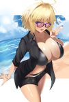  1girl absurdres antenna_hair arcueid_brunestud bare_shoulders beach bikini blonde_hair blush breasts cleavage collarbone dark dark_skin fate/grand_order fate_(series) hair_intakes highres lancelot_(fate/grand_order) large_breasts looking_at_viewer melty_blood navel nipples open_mouth red_eyes shokobr simple_background smile solo swimsuit thighhighs thighs tsukihime tsukihime_(remake) turtleneck type-moon underwear 