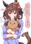  1girl alternate_costume animal_ears braided_hair_rings breasts brown_hair check_translation commentary ear_covers gentildonna_(umamusume) hair_ornament hair_ribbon heart_ear_ornament horse_ears horse_girl horse_tail hugging_object large_breasts light_blush long_sleeves medium_hair nodachi_(artist) pout red_eyes ribbon solo stuffed_animal stuffed_toy tail teddy_bear translation_request umamusume 