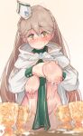  1girl bishop_(maplestory) blush braid breasts brown_hair chalice crown_braid cup embarrassed grabbing_own_breast lactating_into_container lactation large_breasts long_hair maplestory mocomori open_clothes open_robe robe solo white_robe yellow_eyes 