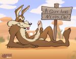 anthro canid canine canis coyote genitals hi_res humanoid_genitalia humanoid_penis long_penis looney_tunes male mammal masturbation nomismutt outside penile penile_masturbation penis solo tongue tongue_out warner_brothers wile_e._coyote