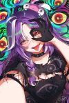  1girl beads black_choker black_gloves black_shirt blush braid choker closz creature_on_head eye_print fang gloves half_gloves highres jared_(michi_mochievee) jewelry long_hair looking_at_viewer michi_mochievee multicolored_hair print_shirt purple_hair red_eyes ringed_eyes shirt short_sleeves signature single_braid skin_fang solo stitched_face stitches streaked_hair teeth tongue tongue_out torn_choker torn_clothes torn_shirt upper_teeth_only virtual_youtuber vshojo white_hair yellow_eyes 