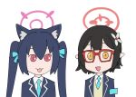  2girls :3 :d animal_ear_fluff animal_ears aqua_armband aqua_necktie ayane_(blue_archive) black_hair blazer blue_archive bow cat_ears cat_girl collared_shirt commentary_request glasses hair_between_eyes hair_bow hair_ornament hair_ribbon hairclip halo jacket long_hair long_sleeves looking_at_viewer multiple_girls necktie pointy_ears red_eyes ribbon school_uniform serika_(blue_archive) shirt short_hair sidelocks simple_background sketch smile twintails ueyama_michirou white_background yellow_eyes 
