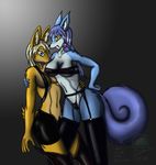  anthro blue_eyes blue_fur breasts brown_fur canine clothing duo female fox fur looking_at_viewer mammal open_mouth plain_background snowfyre standing yellow_eyes 
