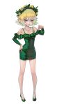  1girl absurdres angry blonde_hair breasts dress elf english_commentary flower frilled_dress frills full_body gemi_ningen green_dress green_eyes green_footwear hair_flower hair_ornament hand_on_own_hip highres long_sleeves looking_at_viewer off-shoulder_dress off_shoulder original pathfinder pencil_dress pointing pointing_down pointy_ears sharp_teeth short_hair simple_background small_breasts solo spaghetti_strap tattoo teeth white_background witch 