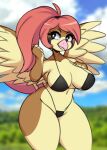 2024 anthro beak big_breasts bikini black_bikini black_clothing black_eyes black_swimwear breasts brown_body brown_feathers clothing eyebrows eyelashes feathered_wings feathers female generation_1_pokemon hair i_am_kat95 nintendo pidgeotto pokemon pokemon_(species) ponytail red_hair solo swimwear tan_body tan_feathers thick_thighs wide_hips wings