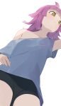  1girl bare_shoulders black_shorts blue_shirt commentary_request from_below highres hiroki_(yyqw7151) love_live! love_live!_nijigasaki_high_school_idol_club off_shoulder pink_hair shirt short_hair shorts simple_background solo t-shirt tennoji_rina white_background 