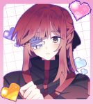  1girl 9sn6m bandage_on_face bandage_over_one_eye bandages bandaid bandaid_on_face black_sweater border gauze gauze_on_face gauze_over_eye grey_eyes heart highres limbus_company multicolored_eyes pink_border pixel_heart project_moon red_eyes solo sweater upper_body yuri_(project_moon) 