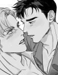  2boys absurdres after_kiss ao_isami close-up couple eye_contact face-to-face facial_hair greyscale highres lewis_smith looking_at_another male_focus monochrome multiple_boys pectoral_cleavage pectorals potatoc_0 saliva saliva_trail sideburns_stubble stubble thick_eyebrows yaoi yuuki_bakuhatsu_bang_bravern 