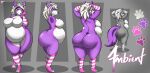  anthro belly big_belly big_breasts big_butt breasts butt canid canine canis female hi_res mammal model_sheet overweight overweight_female purple_body purple_eyes solo tail wolf zak_hitsuji 