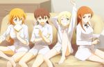  arm_up bad_id bad_pixiv_id barefoot blush bread charlotte_e_yeager couch eating erica_hartmann feet_on_chair food gertrud_barkhorn grin highres kisetsu minna-dietlinde_wilcke multiple_girls open_mouth panties shirt short_hair sitting sleeves_rolled_up smile stretch strike_witches underwear world_witches_series 