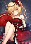  1girl absurdres arm_strap blonde_hair breasts crossed_legs dress flandre_scarlet flower gloves hair_flower hair_ornament highres light_smile looking_at_viewer one_side_up petite pillow red_dress red_eyes rose sea_scorpion_(umisasori) sitting solo strapless strapless_dress touhou white_gloves 