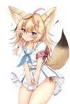  ! 1girl absurdres anger_vein animal_ear_fluff animal_ears armband belt black_hair blonde_hair blue_neckerchief blue_sailor_collar blush braid closed_mouth commentary cowboy_shot ebiko_yaki fox_ears fox_girl fox_tail hair_between_eyes hair_over_shoulder heart heart-shaped_pupils highres hololive long_hair looking_at_viewer miniskirt multicolored_hair neckerchief omaru_polka pink_hair pleated_skirt purple_eyes red_armband sailor_collar school_uniform serafuku shirt short_sleeves side_braid simple_background single_braid skirt solo standing streaked_hair symbol-shaped_pupils tail thighs twitter_username v_arms virtual_youtuber white_background white_belt white_serafuku white_shirt white_skirt 