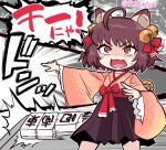  1girl ahoge animal_ears bow brown_eyes brown_hair cat_ears cat_girl choker commentary_request dark_skin fang feet_out_of_frame flat_chest frilled_sleeves frills grand_blue ichihime japanese_clothes kimono long_sleeves looking_at_viewer mahjong mahjong_soul mahjong_table mahjong_tile medium_bangs open_mouth parody pink_kimono red_bow red_choker red_sash sash shaded_face short_hair solo standing table tonda translation_request twitter_username v-shaped_eyebrows waist_bow wide_sleeves you&#039;re_doing_it_wrong 