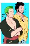  2boys bara black_hair blush chiseled_face cowboy_shot crossed_arms earrings facial_hair goatee green_hair japanese_clothes jewelry kimono large_pectorals light_blush male_focus multiple_boys muscular muscular_male nervous_sweating one_piece pectoral_cleavage pectorals pout profile roronoa_zoro sei_ka02 short_hair sideways_glance sweat thick_neck three_quarter_view trafalgar_law translation_request 