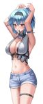  1girl adapted_costume alternate_hairstyle armband armpit_crease armpits arms_up black_hairband blue_hair blue_shorts blush bracelet breasts brown_eyes closed_mouth cowboy_shot denim denim_shorts eula_(genshin_impact) genshin_impact hair_between_eyes hair_ornament hair_tie_in_mouth hairband hands_up highres jewelry large_breasts looking_at_viewer medium_hair mouth_hold navel pearl_bracelet seemu_(wnslqjdignv_) short_shorts shorts sidelocks simple_background smile solo stomach swimsuit thigh_strap white_background 