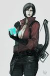  ada_wong ami_thompson bad_id bad_pixiv_id belt black_gloves black_hair blue_lipstick bow_(weapon) breasts cleavage crossbow cube gloves large_breasts lipstick makeup multiple_belts no_bra pants popped_collar resident_evil short_hair solo weapon 