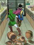  2boys blonde_hair boots brown_footwear cape dragon_quest dragon_quest_iii gloves green_hat hat highres kirby kirby_(series) link multiple_boys pointy_ears pra_11 purple_cape security_camera slime_(dragon_quest) spiked_hair the_legend_of_zelda 
