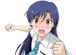  angry blue_hair blush brown_eyes clenched_hands idolmaster idolmaster_(classic) incoming_punch kisaragi_chihaya long_hair necktie open_mouth school_uniform solo takumi_(rozen_garten) 