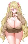  1girl absurdres blonde_hair breasts cleavage commission glasses hair_ribbon highres huge_breasts long_hair long_sleeves looking_at_viewer original pink_eyes pink_ribbon ribbon skeb_commission solo suruga_(xsurugax) sweater thighs twintails white_background 