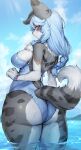 2024 absurd_res anthro blue_hair blush breasts butt chest_tuft clothing curvy_figure digital_media_(artwork) felid female female_anthro floppy_ears fluffy fur grey_body grey_fur hair hi_res kemono looking_at_viewer looking_back looking_back_at_viewer mammal multicolored_body multicolored_fur multicolored_tail one-piece_swimsuit partially_submerged solo suurin_2 swimwear tail thick_thighs tuft voluptuous water wet wet_body wet_fur white_body white_fur wide_hips