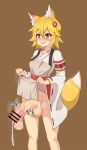  1girl 1other absurdres animal_ear_fluff animal_ears apron apron_lift blonde_hair brown_background clothes_lift disembodied_limb drooling feet_out_of_frame flower fox_ears fox_girl fox_tail futanari grey_apron hair_between_eyes hair_flower hair_ornament handjob highres japanese_clothes kimono large_penis large_testicles lifted_by_self long_sleeves open_mouth penis pm_byeol-i senko_(sewayaki_kitsune_no_senko-san) sewayaki_kitsune_no_senko-san short_hair simple_background smile solo_focus standing tail testicles veins veiny_penis white_kimono wide_sleeves yellow_eyes 