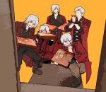  5boys aged_down aged_up belt_bra black_gloves blue_eyes boots capcom coat dante_(devil_may_cry) devil_may_cry_(series) devil_may_cry_1 devil_may_cry_2 devil_may_cry_3 devil_may_cry_4 devil_may_cry_5 facial_hair fingerless_gloves food gloves hair_over_one_eye highres holding holding_food holding_pizza long_hair looking_at_viewer male_focus mature_male multiple_boys muscular muscular_male pizza pizza_box pizza_delivery red_coat smile white_hair zmlskr 