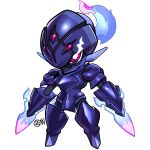  absurdres arm_blade armor artist_logo blue_fire ceruledge chibi colored_skin cwdw fiery_hair fire glowing glowing_eyes highres looking_at_viewer no_humans pink_eyes pokemon pokemon_(creature) purple_armor purple_skin simple_background solo weapon white_background 