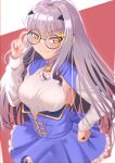  1girl absurdres blue_dress blush breasts dress fate/grand_order fate_(series) forked_eyebrows glasses highres long_hair long_sleeves looking_at_viewer medium_breasts melusine_(fate) melusine_(second_ascension)_(fate) raji_(largesaint2210) round_eyewear sidelocks smile solo sparkle sparkling_eyes white_hair yellow_eyes 