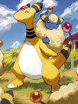  ampharos arc_draws blue_skin closed_eyes cloud colored_skin evolutionary_line farm fluffy forehead_jewel grass highres mareep no_humans outdoors pokemon pokemon_(creature) sheep twitter_username 