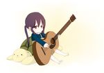  acoustic_guitar black_hair child guitar instrument k-on! komugiko long_hair looking_at_viewer music nakano_azusa pillow playing_instrument simple_background sitting solo stuffed_animal stuffed_toy stuffed_turtle tareme thighhighs turtle turtle_shell twintails white_legwear yellow_background younger 