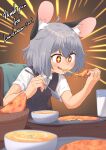  +_+ 1girl absurdres animal_ear_fluff animal_ears blush brown_background cheese cheese_trail collared_shirt commentary commission cup eating emphasis_lines english_commentary flat_chest food greenpiecerice grey_hair grey_vest hair_between_eyes highres holding holding_spoon medium_bangs milk mouse_ears mouse_girl naan_bread nazrin open_mouth red_eyes second-party_source shirt short_hair short_sleeves smile solo soup spoon touhou upper_body v-shaped_eyebrows vest white_shirt 