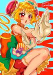  blonde_hair chinese_clothes cure_yum-yum delicious_party_precure dress fighting frilled_dress frills gloves hanamichi_ran highres precure red_eyes ribbon satou_ramune shorts twintails 