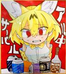  1girl @_@ alcohol animal_ear_fluff bad_id bad_twitter_id bare_shoulders beer_can blonde_hair bottle can drink_can elbow_gloves frown gloves hair_between_eyes highres inactive_account jmeysan kemono_friends nervous_sweating open_mouth red_background red_eyes serval_(kemono_friends) shikishi shirt short_hair sleeveless sleeveless_shirt solo sweat traditional_media translation_request upper_body white_shirt 