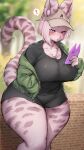 absurd_res anthro big_breasts breasts cellphone clothed clothing electronics felid feline felis female female_anthro fur hair hat headgear headwear hi_res holding_object huge_breasts inner_ear_fluff kemono mammal outside phone pink_body pink_fur smartphone solo suurin_2 tail thick_thighs topwear tuft wide_hips