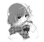  1girl akemi_homura blush_stickers breath closed_mouth commentary_request cropped_torso fringe_trim greyscale hair_ribbon hairband jewelry light_smile long_sleeves looking_at_viewer mahou_shoujo_madoka_magica mahou_shoujo_madoka_magica_(anime) monochrome no+bi= plaid plaid_scarf ribbon ring scarf short_hair simple_background sketch solo white_background 
