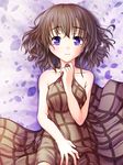  ayatsuri-doll bare_shoulders brown_hair kanon lying misaka_shiori on_back purple_eyes short_hair smile solo 